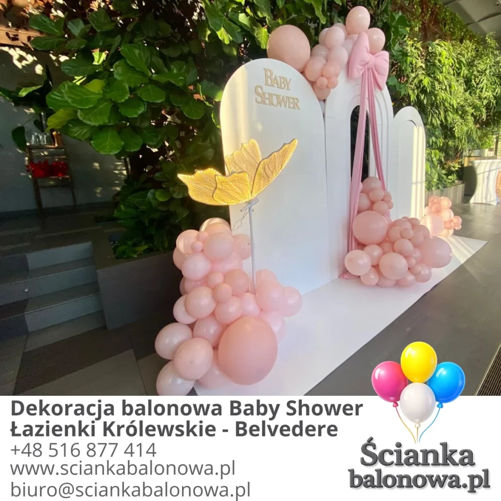 Dekoracja balonowa na baby shower w Łazienkach Królewskich w Warszawie
